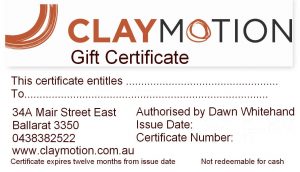 Gift certificate ClayMotion Ballarat Victoria