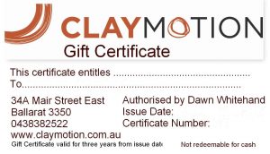 ClayMotion gift certificate for pottery art classes Ballarat Victoria